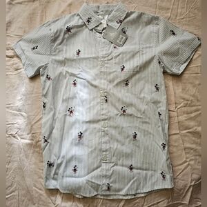 NWT Sz 13 Blue/White Stripe Unisex Disney Mickey Mouse button up short sleeve